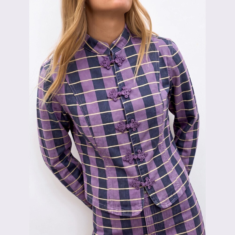 Plum / Navy Plaid Denim Frog Closure Mandarin Collar Cropped Jacket